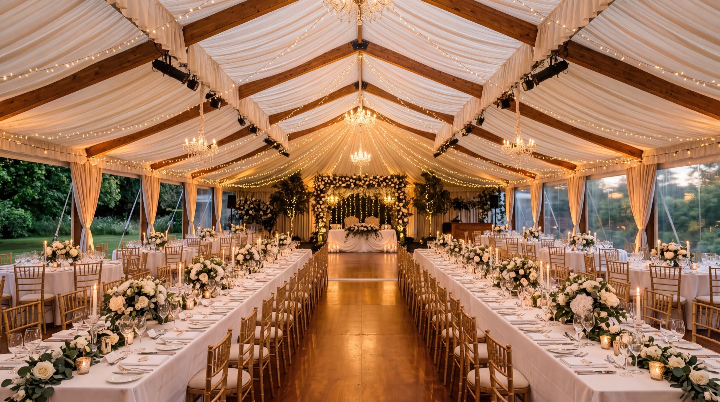 A tented reception set by the venue team before guests arrive